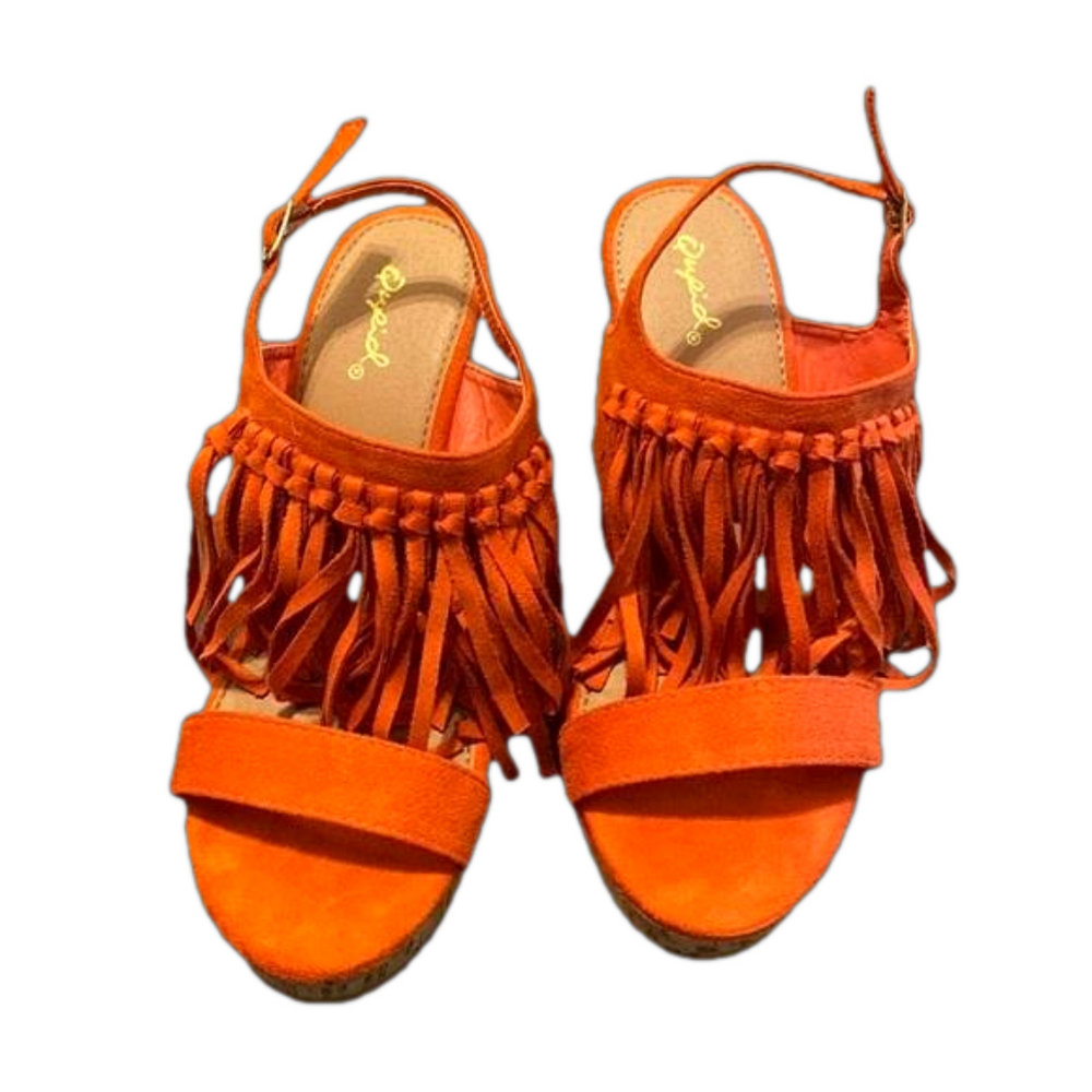 QUPID burnt orange suede fringe wedges.